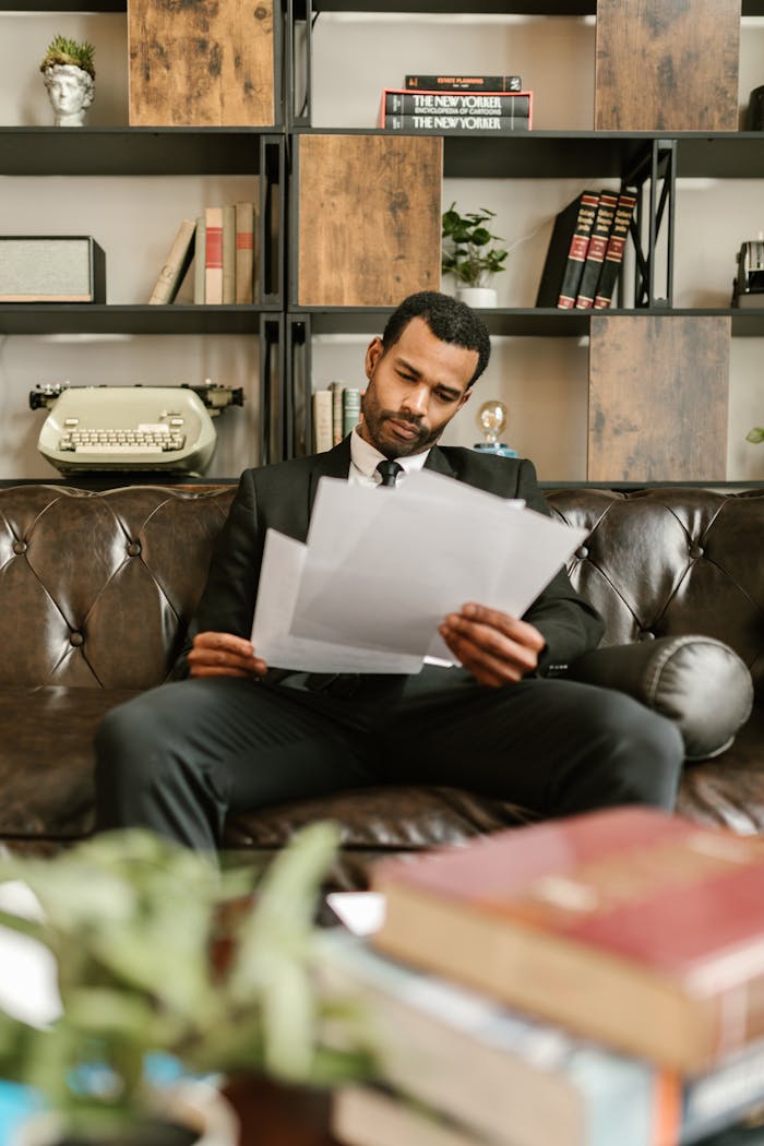 Adult man in a suit reading paperwork on a leather couch in a stylish office setting.