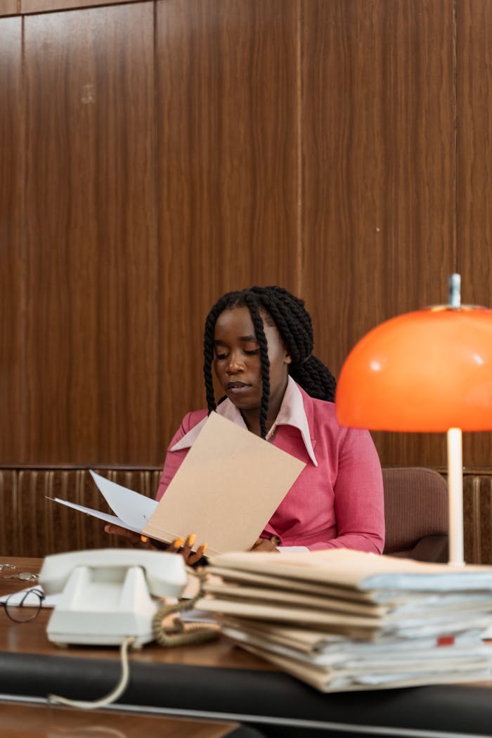 Businesswoman in a retro office holding documents at a desk with a lamp.